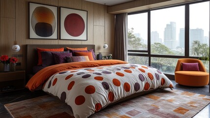 Modern bedroom with vibrant decor and city view.