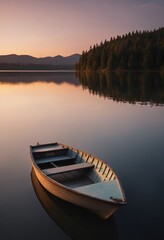 A lone boat sits in a calm lake, the setting sun casting a warm glow on the water and sky