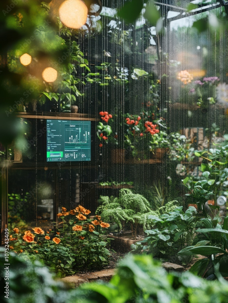 Poster a smart garden showcases vibrant flowers and lush vegetation, equipped with automated sprinklers and