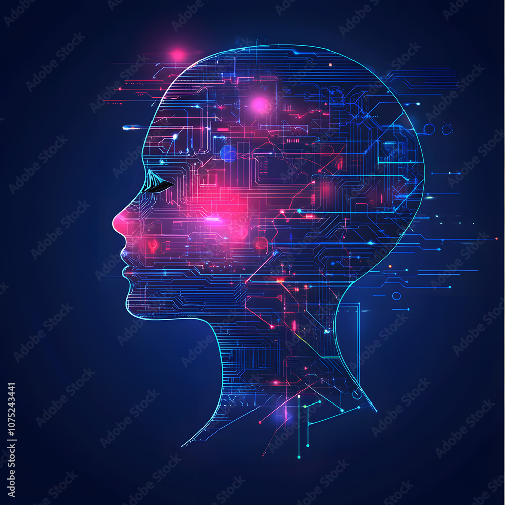 Aufkleber A digital abstract background with glowing blue and purple connections forms the shape of an AI brain on a dark gradient, ideal for tech presentations and social network banners.