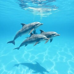 Obraz premium This image shows three dolphins swimming below the surface of the water.