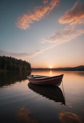 A lone boat sits in a calm lake, the setting sun casting a warm glow on the water and sky