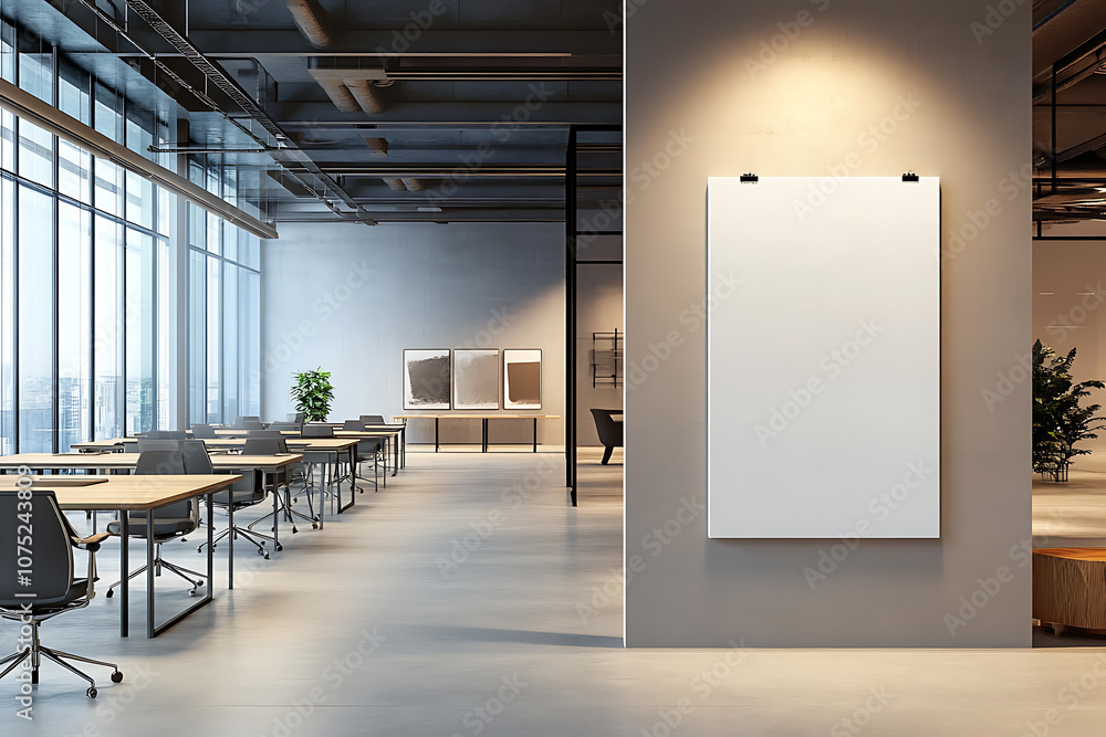 Poster modern office interior with empty workspace and blank canvas on wall. 3d rendering