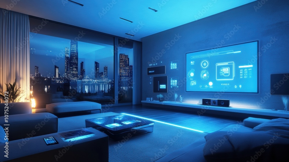 Poster the living room features sleek smart lighting, touch panels, and a stunning city view through large 
