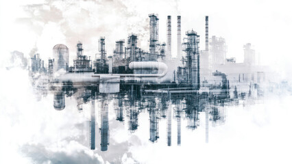 Double exposure of oil refinery and pipelines with a technology concept. Industrial and innovation theme.	
