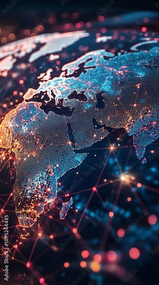 Poster A close-up view of a stylized Earth with glowing red and blue lines representing connection points across the continents.