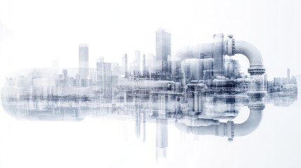Obraz premium Double exposure of oil refinery and pipelines with a technology concept. Industrial and innovation theme. 