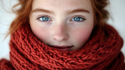 Close-up portrait of a young woman with red hair and blue eyes wearing a knitted scarf.