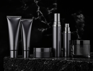 Obraz premium Tube Mockup Luxury Black Skincare Product Display on a Dark Textured Platform