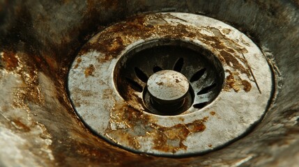 Dirty drain in a metal sink, grease stains and soap residue surrounding the stopper.