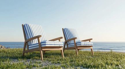 Two chairs with striped cushions are positioned on a grassy cliff overlooking the ocean on a sunny day