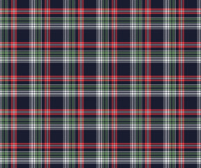 Plaid fabric pattern, navy blue, white, green, pink, modern seamless distinctive cross lines pattern for textiles, and for designing clothes, skirts or decorative fabrics. Vector illustration.