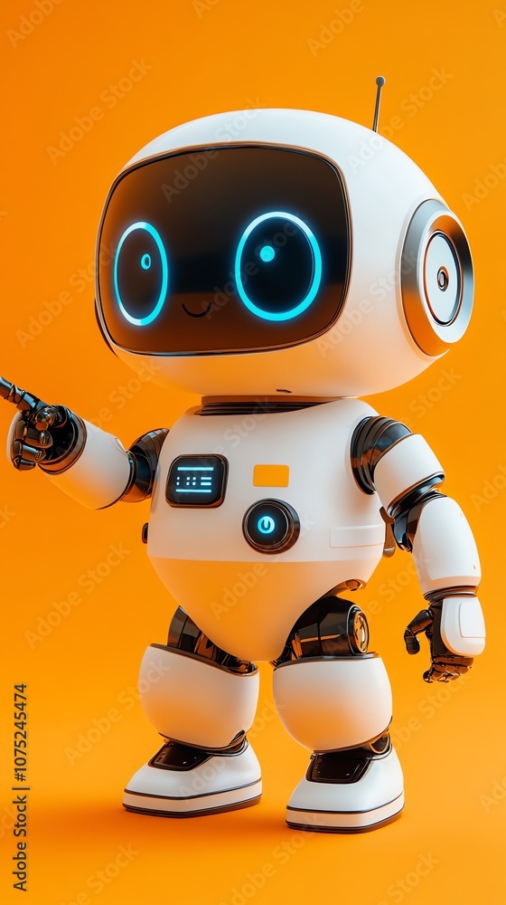 Poster A cute, white robot with blue eyes points with one finger towards the right. The robot is standing on an orange background.