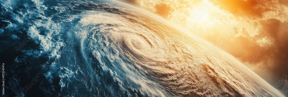 Aufkleber A powerful hurricane develops in the open ocean, featuring a tight spiral and dark clouds illuminated by the rising sun. Generative AI