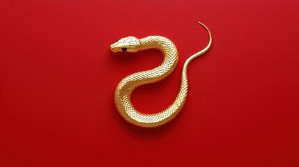Obraz premium A shimmering golden snake lies elegantly on a bold red background, creating a striking contrast and a sense of richness. Year of a snake.