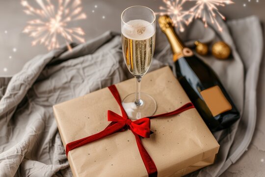 celebrate with a champagne toast a gift box and fireworks. A stylish gift with a red ribbon, a champagne glass, and a bottle, set against a festive backdrop with sparkling fireworks.