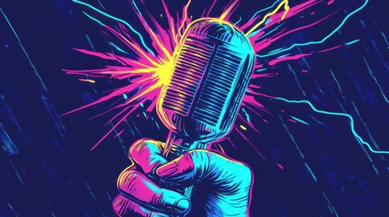 Vibrant retro microphone in neon pop art explosion