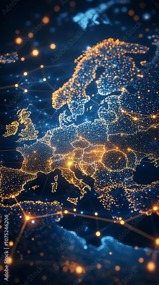 Poster A digital map of Europe with glowing lines and dots connecting the cities.