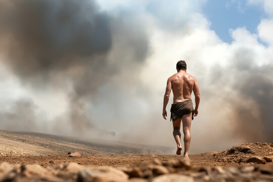 Cain walking away after the conflict with his brother Abel. Abel. Bareback man in ancient clothing walking through arid terrain under a cloudy sky. Biblical story and remorse concept