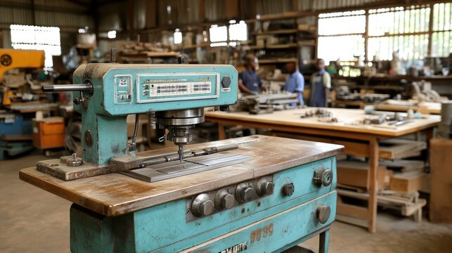 A close-up of a blue drill press in a woodworking shop, with two men working in the background.