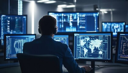Security Analyst Monitoring Global Network Traffic on Multiple Large Computer Screens in a Dark Room