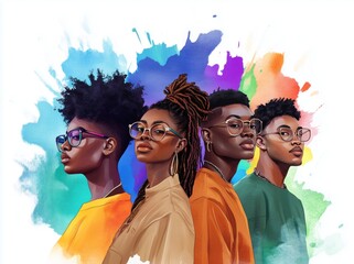 Black History Month colourful abstract illustration of Diverse representations of African-American across different fields.