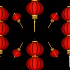 Small Red Round Three Lanterns and Small Round Lanterns on Black Background Seamless Pattern Design