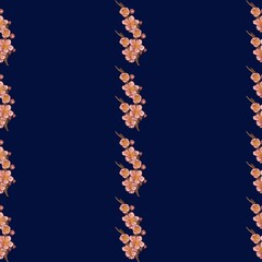 Big Vertical Lines Sakura on Dark Blue Background Seamless Pattern Design