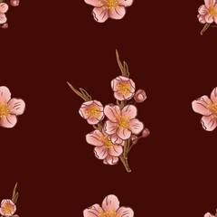 Big Sakura on Dark Red Background Seamless Pattern Design