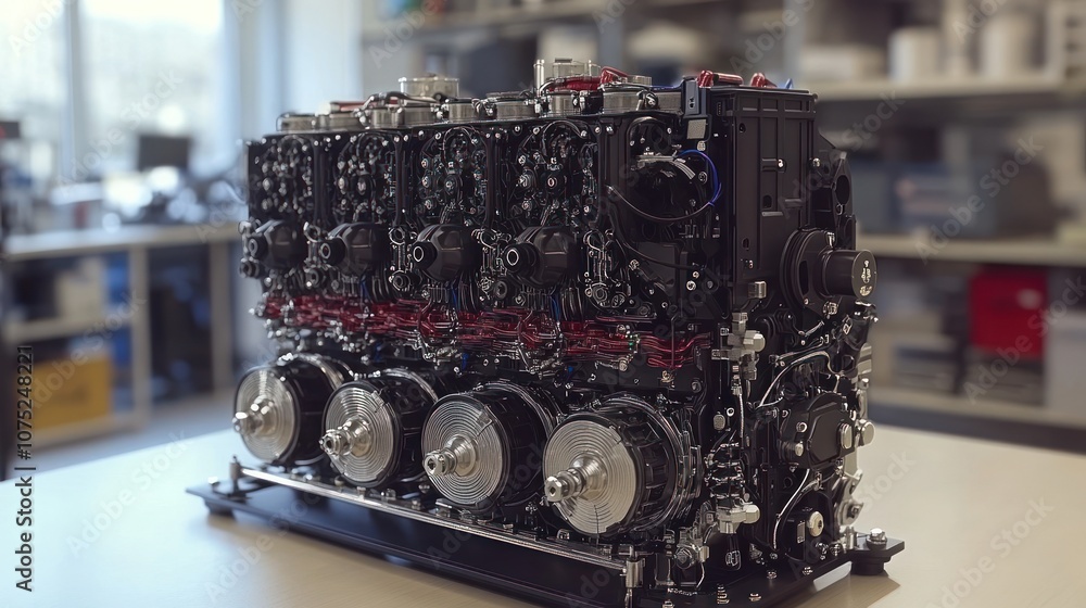 Poster a close-up of a powerful engine, with its intricate inner workings exposed, sits on a table in a wor