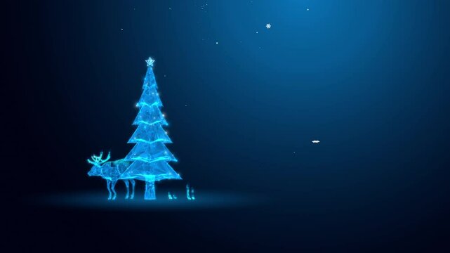 Festive Blue Glowing Polygonal Christmas Tree and Deer in Dark Space