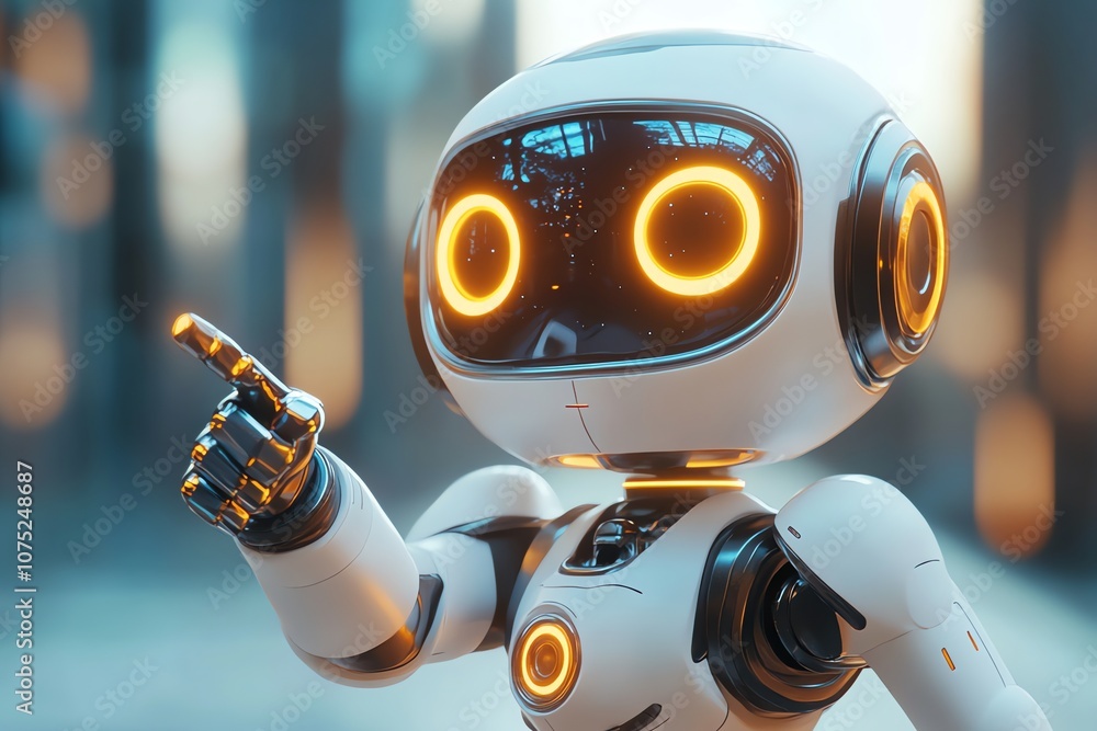 Poster a friendly, white robot with orange eyes and a black and gold body, pointing with its right index fi