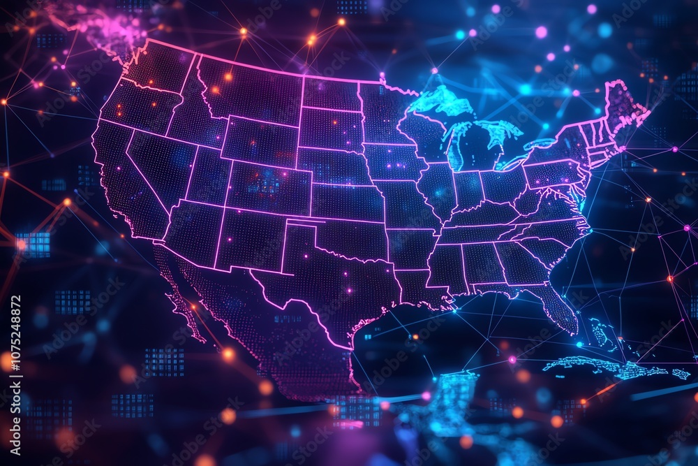 Poster A futuristic glowing outline of the United States map with connected lines and dots in a network style.