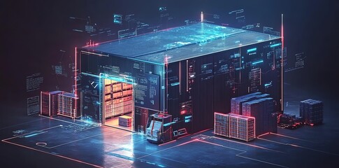 A futuristic warehouse with a forklift and data streaming around the building, digital warehouse concept.