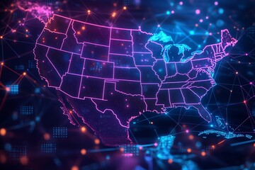 Obraz premium A futuristic glowing outline of the United States map with connected lines and dots in a network style.