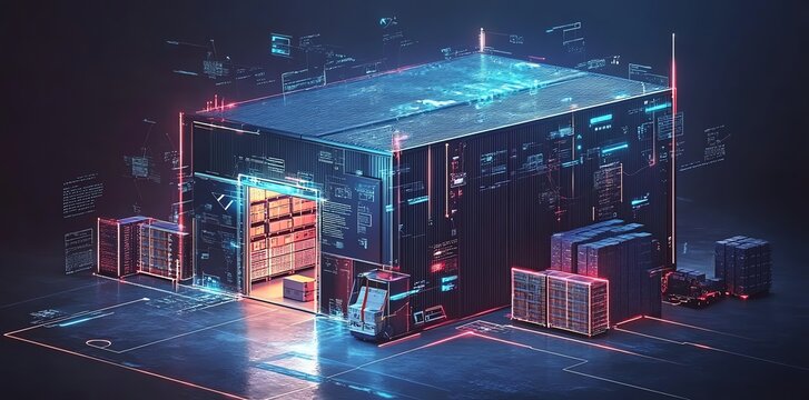 A futuristic warehouse with a forklift and data streaming around the building, digital warehouse concept. - Powered by Adobe