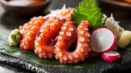 A beautifully presented plate of octopus sashimi, garnished with wasabi, radish, and fresh greens, showcasing vibrant colors and intricate details.