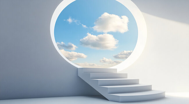 A white staircase leads up to a circular window, offering a view of a blue sky with fluffy clouds. The scene is bright and airy, suggesting a sense of optimism and possibility