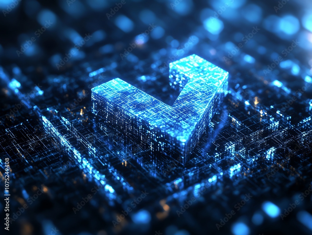 Poster A glowing blue checkmark symbol is rendered in 3D on a circuit board-like background. The symbol is made up of small, glowing blue lights.