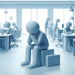 3D Melancholic Office Concept Open Space Employees Downcast Subdued Lighting Abstract Blue Elements Somber Mood Blue Monday Icon Isolated White Background Banner Advertisement