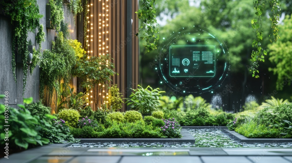 Poster a vibrant garden showcases smart technology with automated sprinklers and soil sensors, enhancing pl