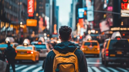 A man waiting for a taxi on a busy city street, surrounded by traffic, modern buildings, and bright signs, capturing the hustle of city life.