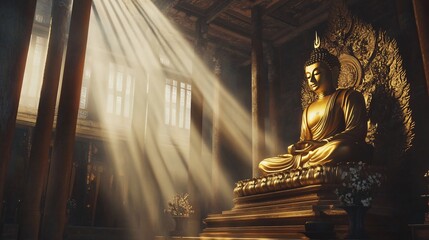 Golden Buddha Statue in Temple with Sunbeams