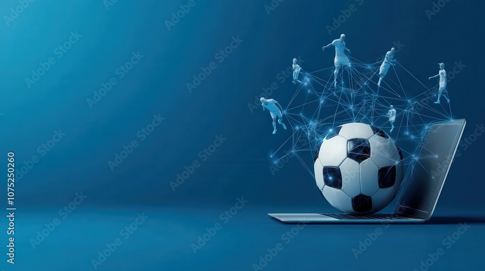 Poster digital football connection and data visualization with soccer ball and athlete silhouettes emerging