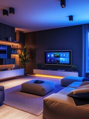 The living room features sleek furniture, vibrant ambient lighting, and touch panels for controlling various atmospheric settings. Generative AI