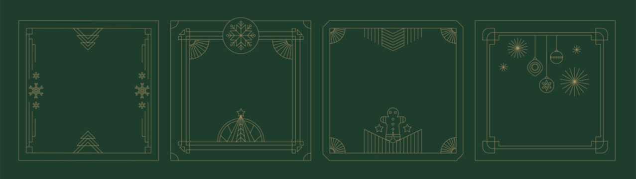 Elegant vintage set of New year, Christmas gold art deco frames. Geometric linear design with Christmas tree, baubles, snowflakes linear ornament, border. Vector illustration.