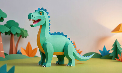 A papercraft dinosaur stands in a papercraft forest