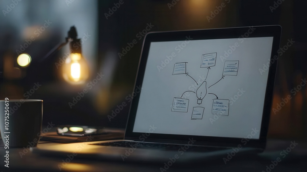 Poster conceptual mind map on laptop screen in a dimly lit workspace with soft ambient lighting and a coffe