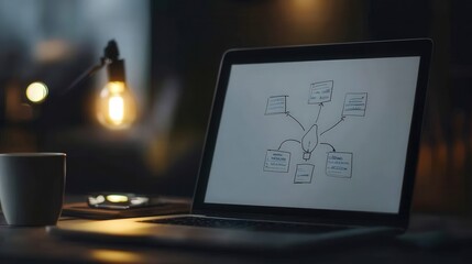 Conceptual Mind Map on Laptop Screen in a Dimly Lit Workspace with Soft Ambient Lighting and a Coffee Cup on the Table