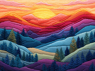 a beautifully stitched quilt that features a vibrant and colorful landscape scene, including a sunset and mountains.